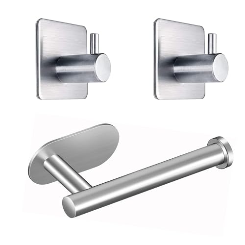 Suporte para papel higiénico sem perfuração, suporte para rolos de papel higiénico, autoadesivo, suporte para rolos de papel higiénico em aço inoxidável, com 2 ganchos para toalhas de cozinha e