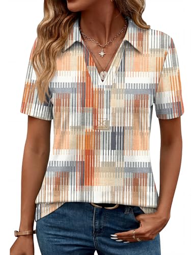 ZHENWEI Colorful Stripes Collared Shirts for Women Short Sleeve V Neck Work Blouses Cute Dressy Business Casual Polo Tops,Colorful Stripes,L