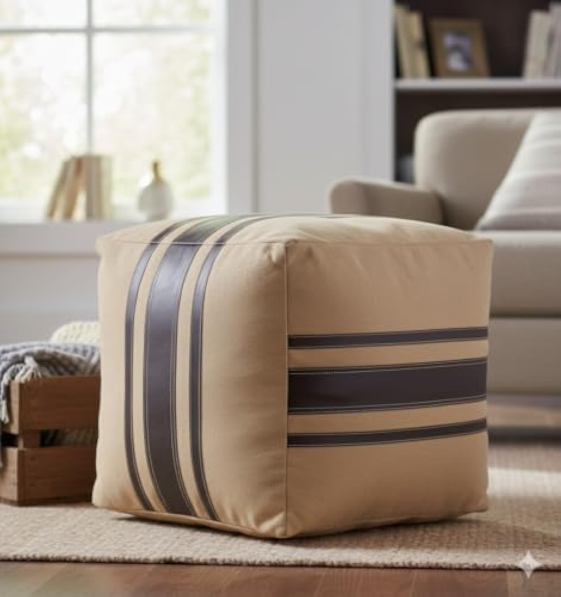 Square Ottoman Pouf Footstool with Grey Leather Stripes, Decorative Canvas