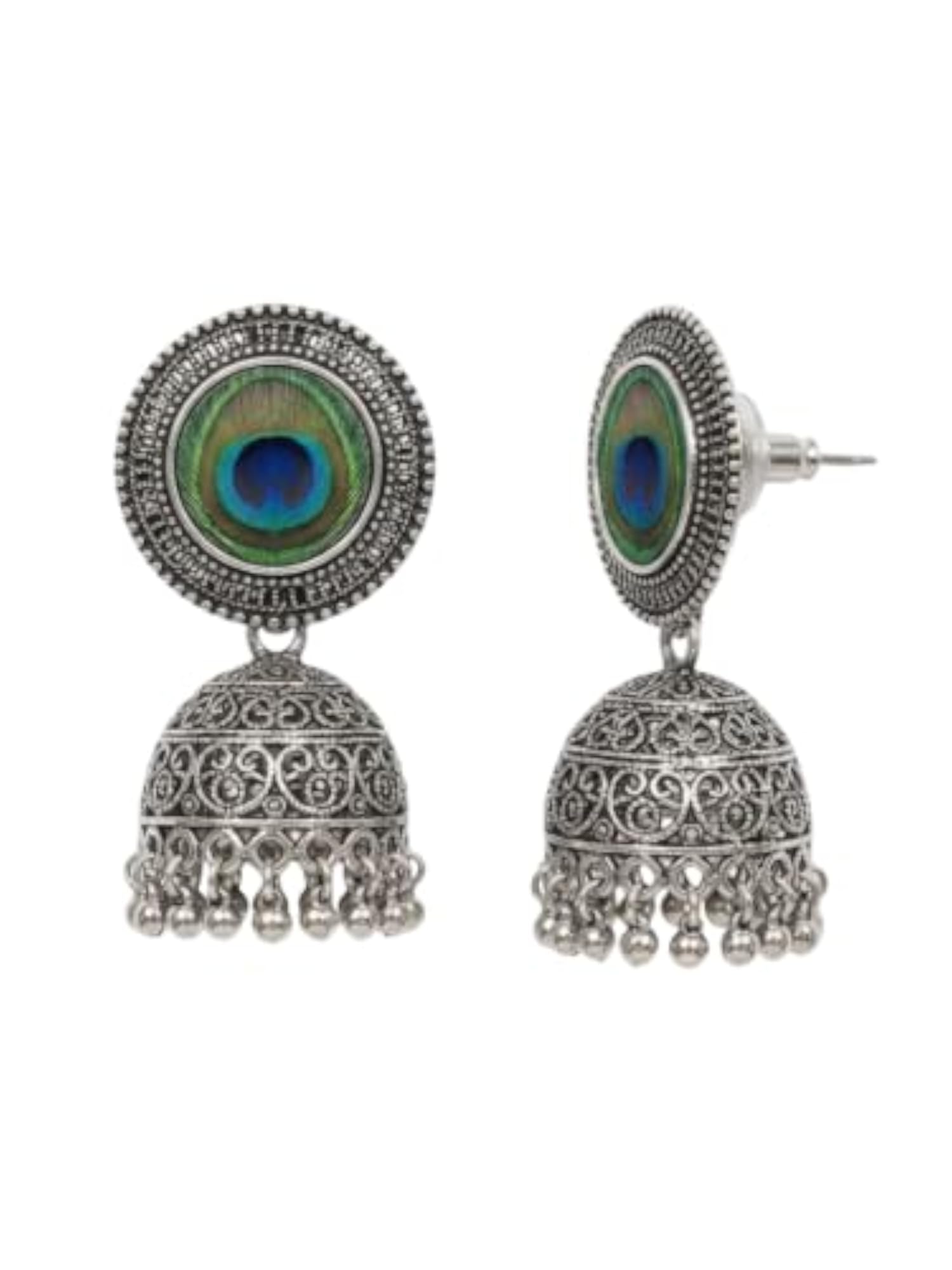 Oxidized Peacock Design Jhumka Earrings with Hair Chain