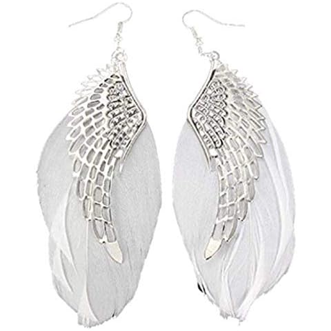 Myhouse Vintage Tribal Artificial Feather Long Drop Dangle Handmade Earrings Angel Earrings For Women, White Cover