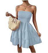 BEAUDRM Women's Shirred Ruffle Hem Strapless Tube Short Dress Sleeveless High Waist A Line Dresses