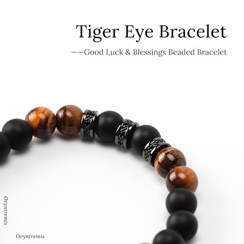 8mm Tiger Eye Men's Bracelet - Handmade Elastic Braided Rope, Beaded Bracelet for Good Luck & Blessings, Thoughtful Present for Men with Elegant Gift Box2