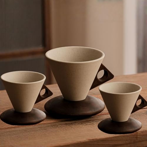 Luulifeコーヒーカップ セット レトロな漏斗型ティー/コーヒーカップ ユニークなデザイン 職人技 セラミック素材 多用途 暮らしに美しい彩りを添えます (小さな- 3個(空飛ぶ円盤型ベース)
