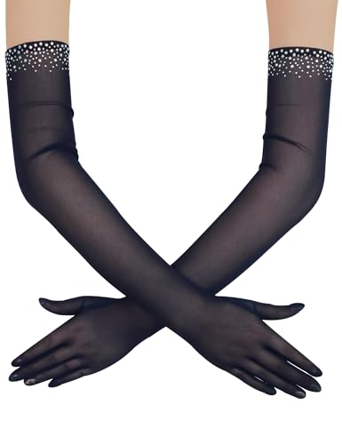 XXDingbs Womens Long Sheer Gloves Beaded Tulle Mesh Gloves for Opera Wedding Party Dance Prom Navy Blue