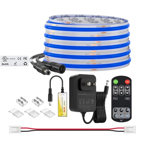 Image of BTF-LIGHTING Blue Color COB LED Strip Light, UL Listed High Density Flexible Tape Light with RF Remote & ETL Power Adapter, DC12V 16.4FT Ultra Bright Light for Cabinet Kitchen Home Indoor Lighting