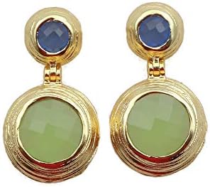 El Joyero Round Shape Blue Chalcedony & Chrysoprase Hydro Designer Gold Plated Handmade Brass Gemstone Drop Earrings Jewelry