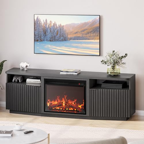 BELLEZE Fluted TV Stand with 23" Electric Fireplace Heater with Sound, 68" Entertainment Center for TV Up to 75", Media Console Table with Cable Manag