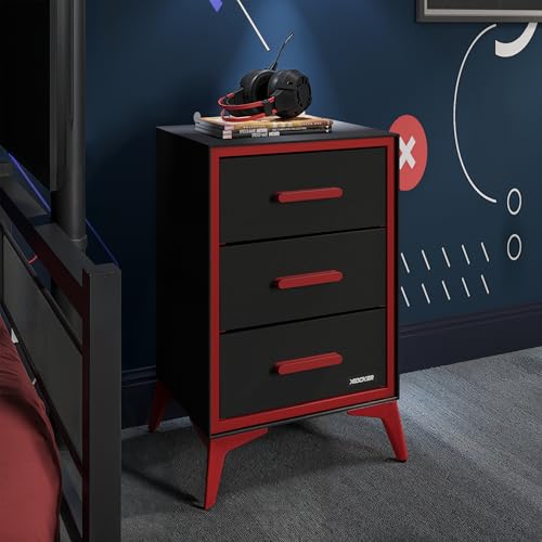 X-Rocker Arcane Commode en toile à 3 tiroirs, meuble de rangement latéral avec 3 tiroirs en tissu pour salon, chambre d'enfant, placard, couloir, noir/rouge