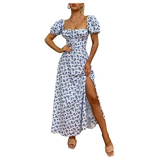 Women's Summer Puff Sleeve Floral Print Split Maxi Dress Flowy A Line Casual Beach Long Dresses White-S