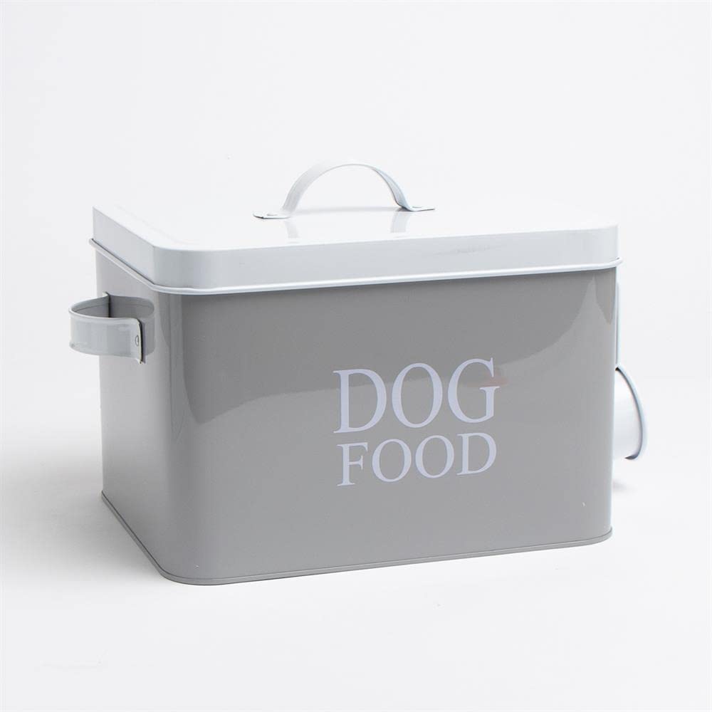 Swan Household Grey,White ® - Grey & White Dog Food Storage Metal Tin With Scoop H17.5 X L25 X W20cm