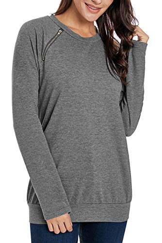 Women's Casual Long Sleeve Zip Sweatshirts Round Neck Loose Pullover Tops Blouse Tunic Shirts Solid Grey L 12 14