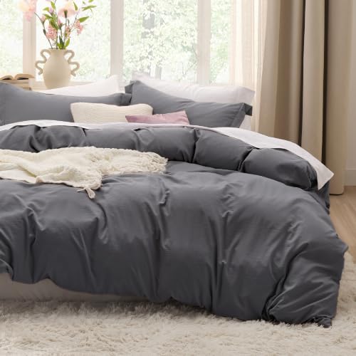 Image of Bedsure Dark Grey Duvet Cover Queen Size - 3 Pieces Prewashed Cotton-Like Polyester Soft Bedding Set, Includes 1 Duvet Cover 90x90 Inches with Zipper Closure & 2 Pillow Shams, Comforter Not Included