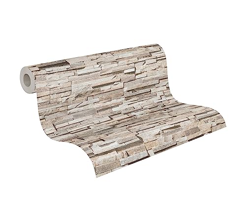 A.S. Création Travel Styles Non-Woven Wallpaper, Wallpaper with Natural Stone Look in Beige and Brown
