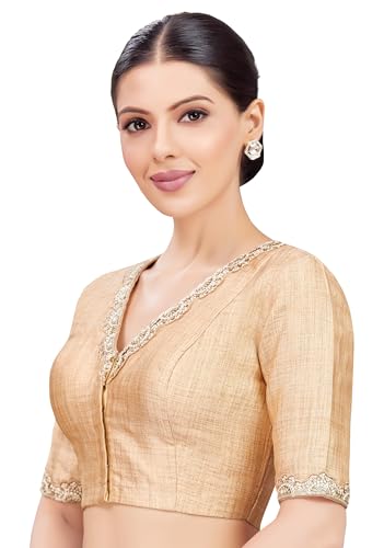 Image of Studio Shringaar Crepe Women's Linen Brocade Embroidered V-Neck Readymade Saree With Elbow Length Sleeves Blouse