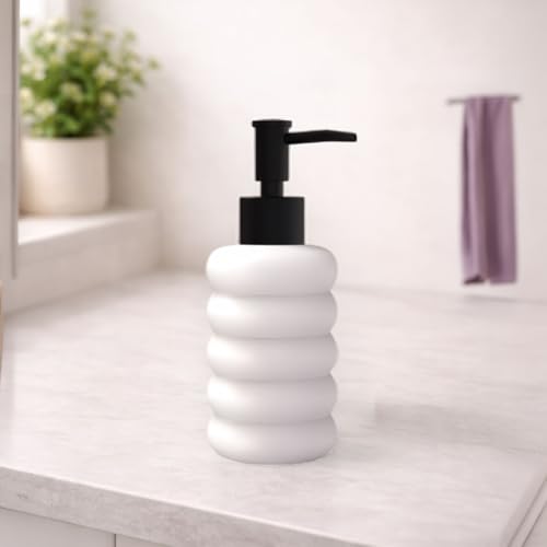 Image of Rioware Ceramic Soap Dispenser Hand Wash Bottles for Basin | Multipurpose Refillable for Liquid Shampoo, Kitchen, Bathroom, and Household Use | 300Ml, Pack of 1 - Round White