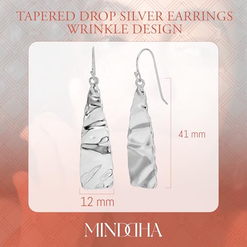 MINDDHA 925 Sterling Silver Earrings - Tapered Wrinkle Design - Handcrafted From Israeli Artisans - Minimalist Silver Earrings, Drop Length 1.6 Inch4