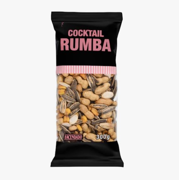 "Cocktail rumba Hacendado compuesto por cacahuetes, maíz frito, pipas de girasol, pipas de calabaza Paquete 300 g Pack 2"