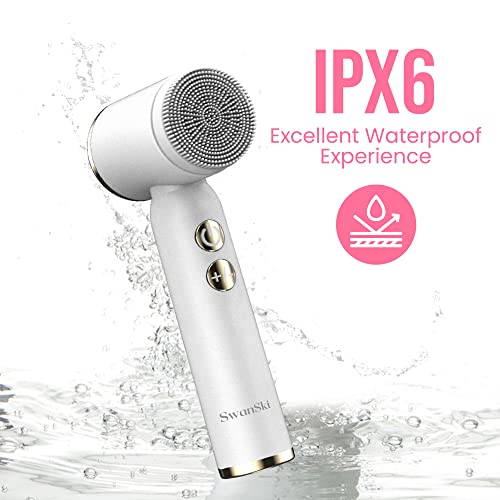 SwanSki-Facial-Cleansing-Brush-Electric-Face-Cleanser-with-3-Exfoliating-Brush-Heads-3-Speed-Levels-LCD-Display-Waterproof-Facial-Brush-Rechargeable-Facial-Cleanser-Face-Scrubber-White