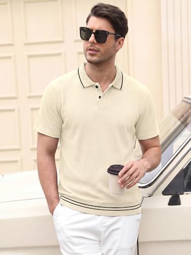 Crastimo Men's Textured Polo Shirt Vertical Rib Short Sleeve Contrast Trim Collar Hem 2-Button Classic Fit Casual Golf White S — view 2
