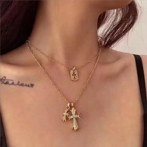 Double Cross Vintage CZ Diamond Cross Long Pendant Necklace 18k Gold Plated Choker Necklace for Women,Trendy Jewelry Gifts for Women.3