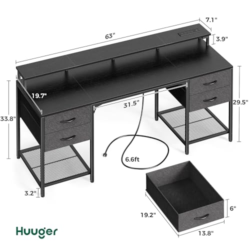 Image of Huuger 63 inch Computer Desk with 4 Drawers, Gaming Desk with LED Lights & Power Outlets, Home Office Desk with Large Storage Space for Bedroom, Work from Home, Black