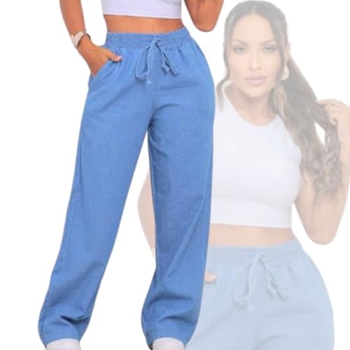 Calça Jeans Feminina Pantalona Wide Leg Elastico P Gestante (BR, Alfa, M, Regular, Regular, Azul)