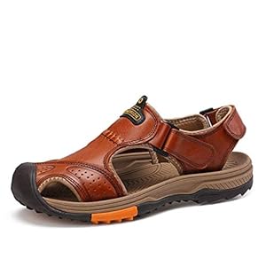 Xingyue Aile Slippers & Sandalen Outdoor Echte Lederen Zomer Strand Sandalen Voor Mannen, Vegan Anti-slip Flat Collision Vermijden Ronde Dichtbij teen Haak & lus Band Schoenen Activiteiten Wandelen Schoenen