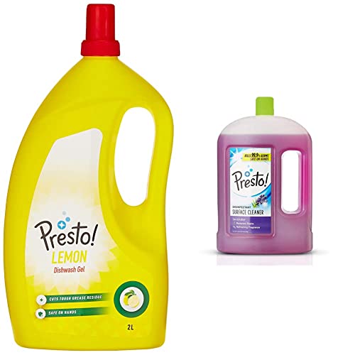 Image of Dish Wash Gel - 2 L (Lemon) & Amazon Brand - Presto! Disinfectant Floor Cleaner Lavender, 2 L