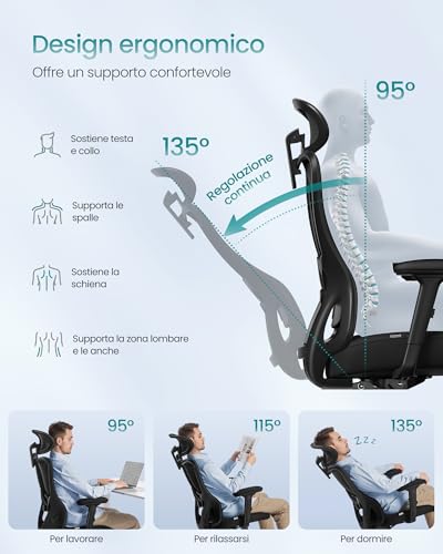 Sedia da Ufficio Ergonomica, Sedia da Scrivania Computer, Poggiatesta e Supporto Lombare Regolabili, Portata Fino a 150 kg, Regolabile in Altezza, Nero Inchiostro OBN066BH01 - Sedia gaming - Immagine 3