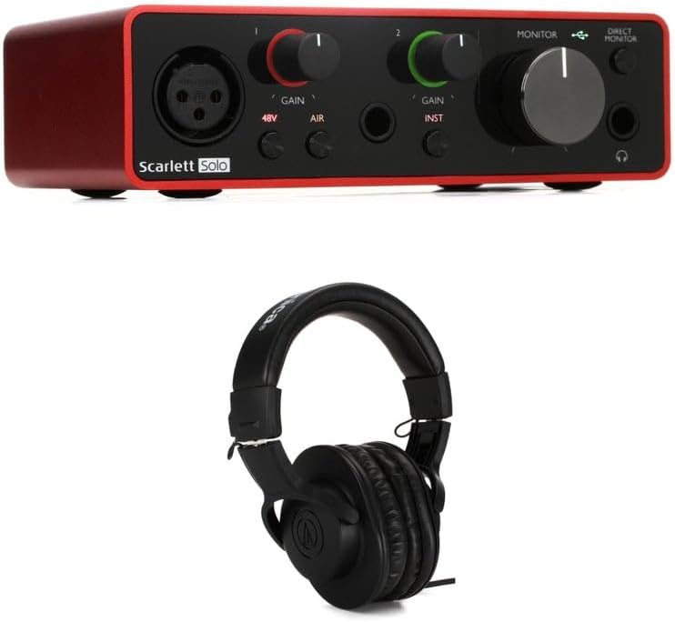 Focusrite Scarlett Solo 3rd Gen USB Audio Interface Bundle with Audio-Technica ATH-M20x Headphones, Studio Recording Kit for Musicians, Podcasters, Content Creators, Includes USB Cable and Software