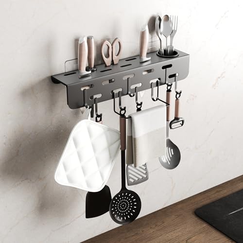 LAPO Self-Adhesive Kitchen Organizer Rack - Wall Mounted Cutlery Holder with Knife Stand, Spatula & Ladle Hooks, Towel H...