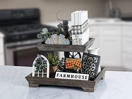Heather & Willow Farmhouse Tiered Tray Decor Items Set Of 5 | Tiered Serving Decorative Galvanized Tray | Rustic Vintage Tier Tray Decorations | Fall, Home & Living Room & Kitchen Décor #TOP2
