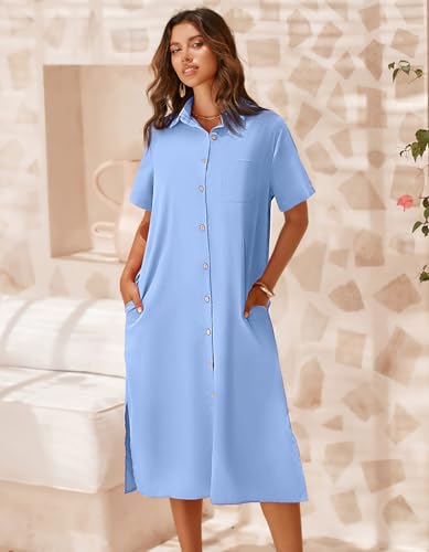 Image of Zeagoo Women Dresses Summer Casual Short Sleeve Button Down Shirt Dresses 2026 Beach Cover Up with Pockets
