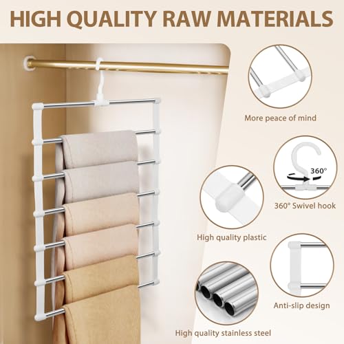 2 Stück Hosenbügel Platzsparend, Faltbarer Kleiderbügel, kleiderbügel Hosen 6 Etagen Edelstahl, Faltbare rutschfest Hosenständer, Weiß Kleiderschrank Organizer für Hosen Jeans Schals Handtücher