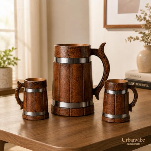 Image of Wooden Beer Bar Combo Set | Barrel Shaped Jumbo Mug | 2 Small Beer Mug 350ML (5 x 4 inches Each) & 1 Large Beer Jug 750ML (Steel Band)