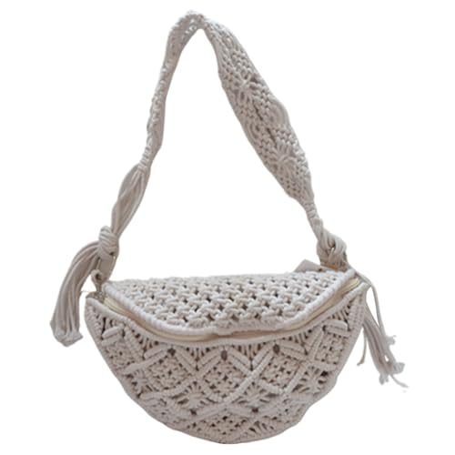 Crochet Beach Bag Boho Woven Cotton Rope Straw Crossbody Bag for Women Rustic Style for Party, Travel, Date (White) Crochet Beach Bag - Main Image