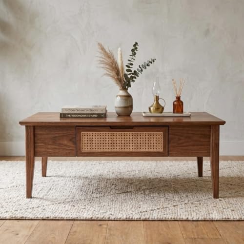 Image of Solid Sheesham Wood Coffee Table & Center Table for Living Room with Rattan Cane Lift-Down Shutter & Open Shelf, Solid Wooden Teapoy for Sofa with Storage | Tea Table (D-Honey)