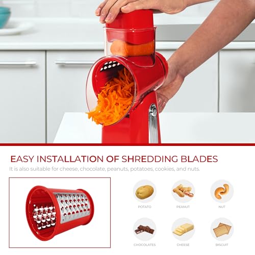 SUSTEAS Rotary Cheese Grater with Handle - Vegetable Shredder with 5 Well-designed Blades & Strong Suction Base,Round Mandoline Slicer & Food Chopper for Kitchen,with Blade Storage Box(Red)