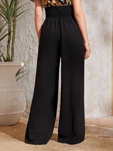 Image of Milumia Girl's Casual Smocked Paperbag High Waist Pocket Wide Leg Pants Black 10Y