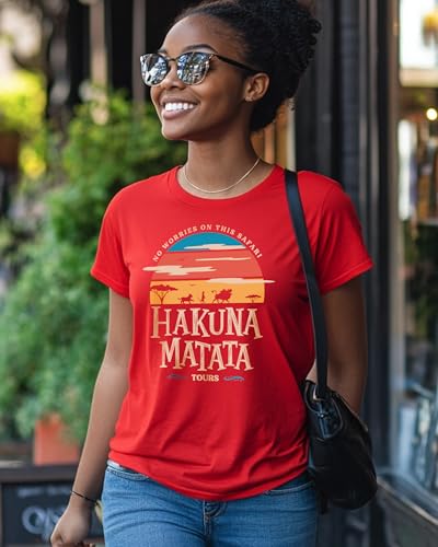 Image of Hakuna Matata Tours Character Unisex T-Shirt|Cartoon Vintage Graphic Tee|Perfect for Vacation & Casual Wear (3XL, Solid Red Blend)