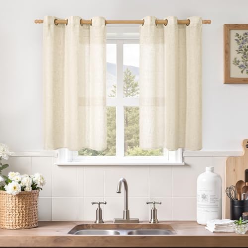 Image of LAMIT Short Linen Curtains 40 inches Long for Small Window, Bronze Grommet Linen Drapes Light Filtering Sheer Window Curtains for Kitchen, Set of 2 Panels (34 x 40 Inch, Beige)
