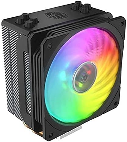 Angled view of the Cooler Master Hyper 212 Spectrum RGB CPU Cooler, highlighting the vibrant RGB lighting effect on the fan.