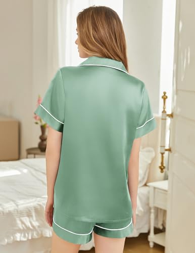 Image of Silk Pajamas for Women Short Sleeve Sleepwear Soft Button Down Loungewear 2 Piece Satin Pjs Shorts Set S-XXL