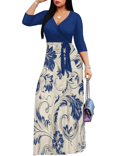 Image of SUZONANA Plus Size Dresses for Women Floral Print Maxi Dress Flowy 3 /4 Sleeve with Belt