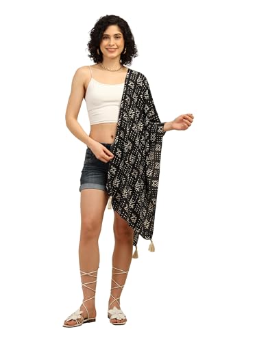Image of KE KANHA EXPORTS Scarf for Women Boho | Border Print Stylish | Stole for Women Breathable Summer Beach Wrap with Tassels | Multicolour |180 x 50 cm FREE Scrunchie Included