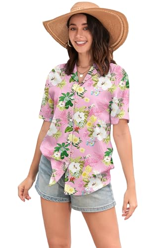 Image of SANGTREE Girls & Women's Hawaiian Shirts Button Down Short Sleeve Floral Tropical Shirt Beach Vacation Blouse Tops