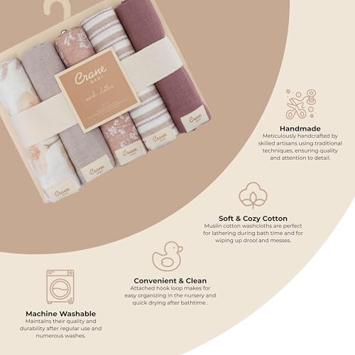 Image of Crane Baby Violet Wildflower Cotton Baby Washcloths, 100% Cotton Muslin Set of 5, Soft Baby Wash Cloths for Newborn Bath Essentials, Infant Face Cloths, Shower Gift For Babies, Newborn Bath Essentials