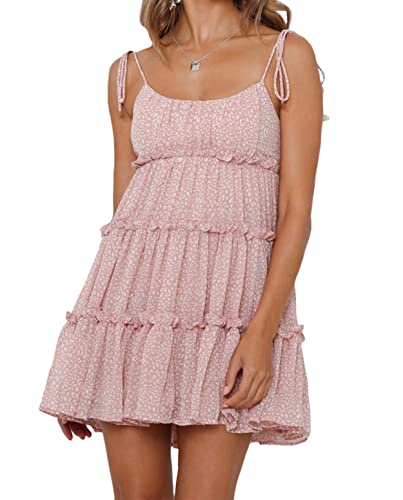 Image of Mansy Womens 2026 Summer Floral Mini Dress Boho Flowy Skater Dresses Short Sleeveless Ruffle Spaghetti Strap Dress