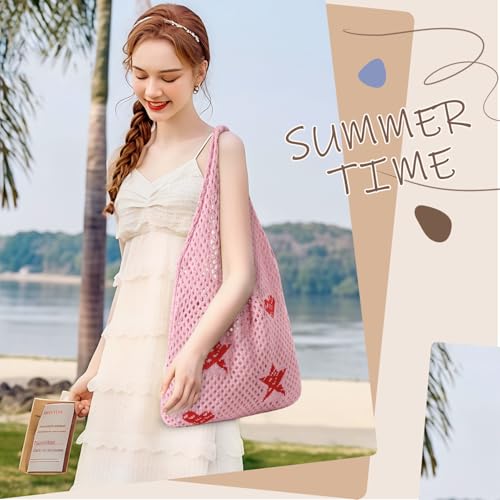 Image of Premillow Crochet Beach Tote Bags, Stylish Mesh Beach Bags Shoulder Bag for Women, Cute Summer Vacation Boho Tote Bag